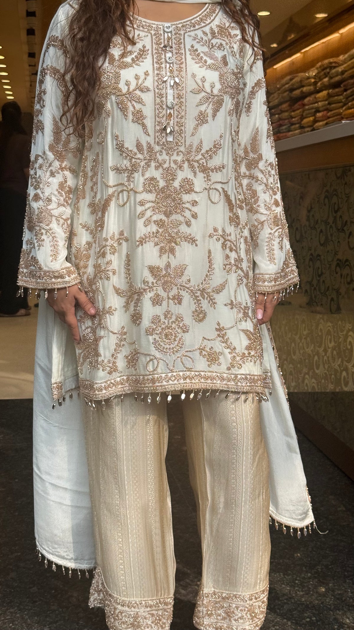 Beads Embellished Designer Suit Set with Brocade Pants