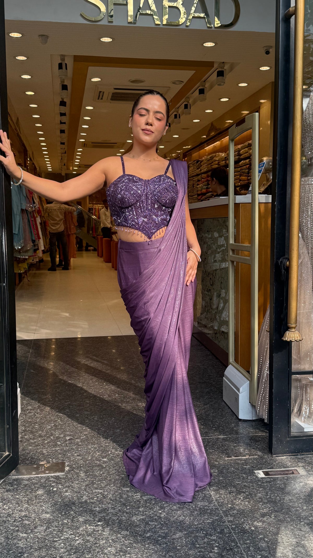Shimmer Lycra Drape Saree with Handwork Corset Blouse