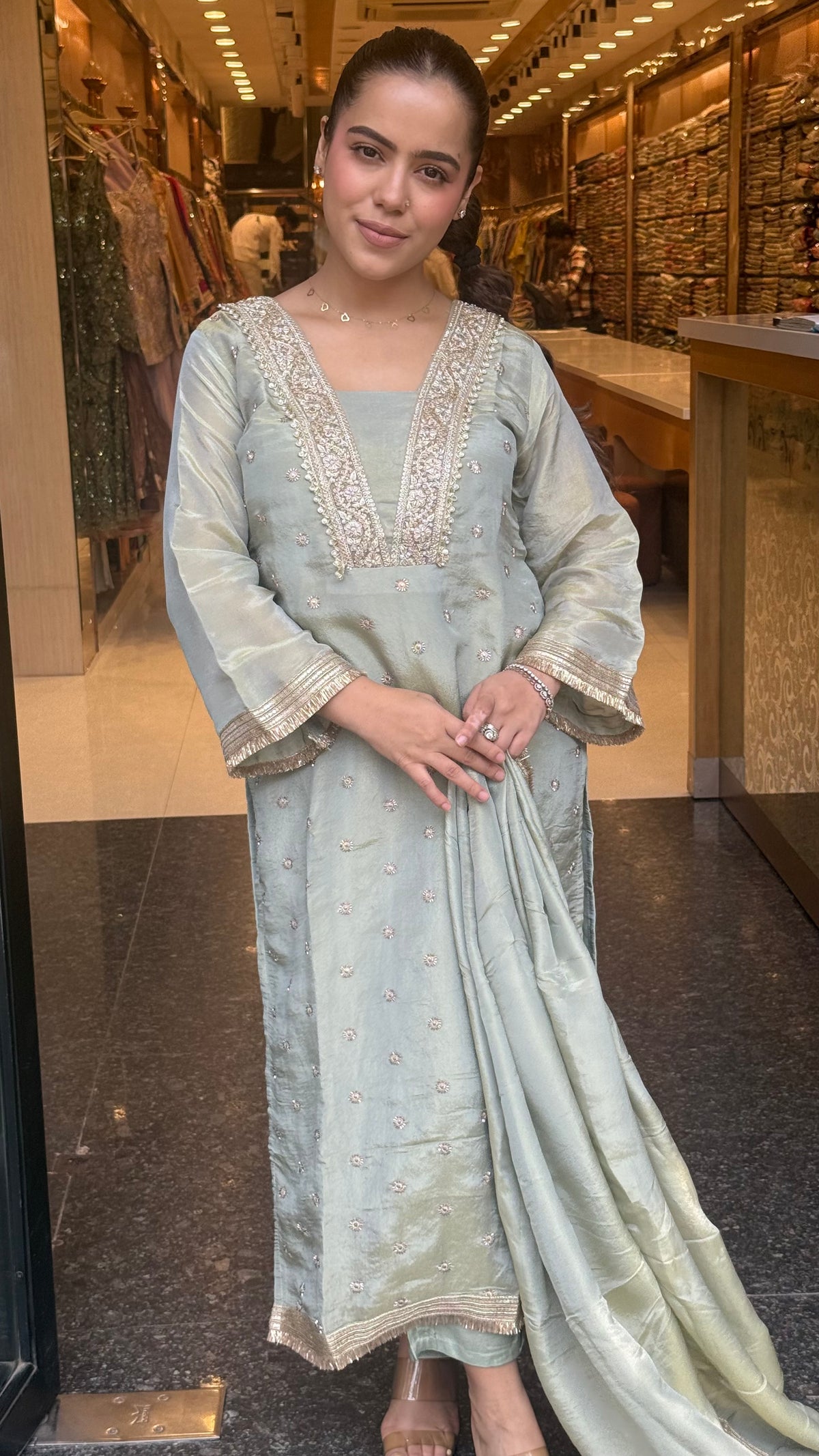 Budget-Friendly Shimmer Tissue Handwork Suit Set | Handworked Cutdana Neckline & Booti | Up to 44
