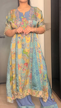 Printed Shimmer Silk Suit with Handwork Neckline