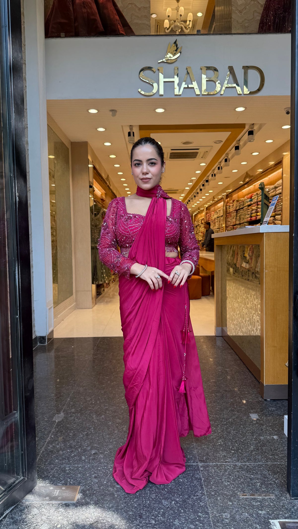 Elegant Crepe Drape Saree with Handwork Blouse – Designer Drape Collection