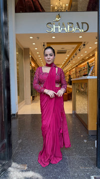 Elegant Crepe Drape Saree with Handwork Blouse – Designer Drape Collection