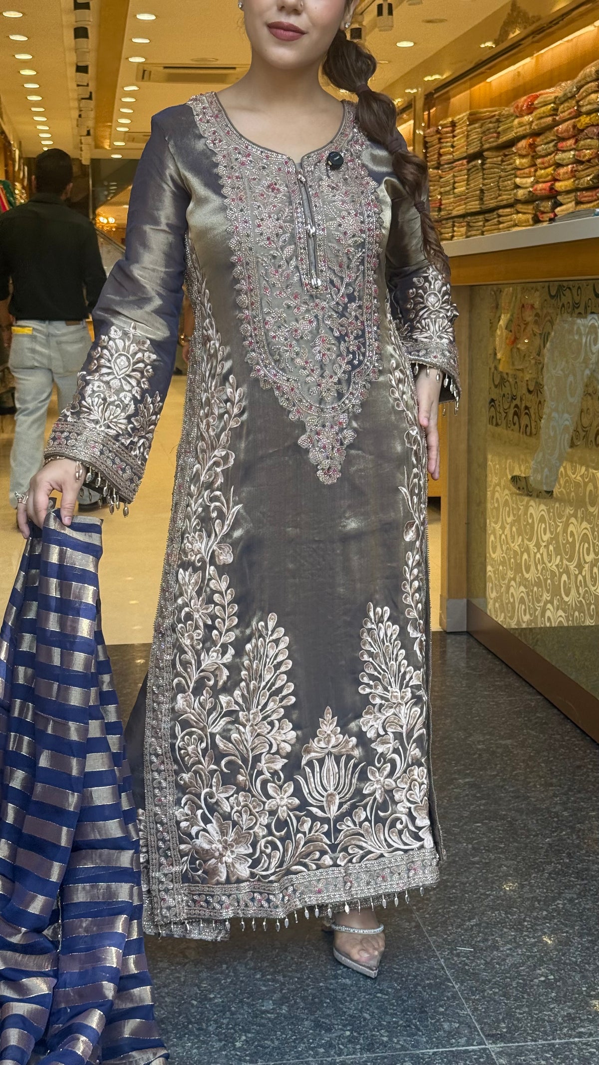 Designer Shimmer Tissue Suit Set with Thread Embroidery Beads & Multicolour Stone Work ( 46 size sides will be plain customisation available if handwork needed )