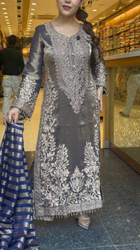 Designer Shimmer Tissue Suit Set with Thread Embroidery Beads & Multicolour Stone Work ( 46 size sides will be plain customisation available if handwork needed )