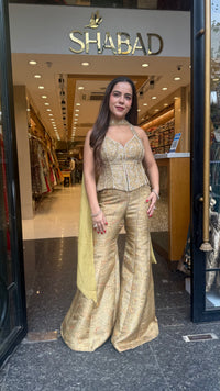 Banarasi Shimmer Indo-Western Set with Mirror, Dabka & Pearl Work | Designer Blouse & Bell Bottoms