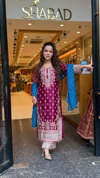 Long Pakistani Suit Set in Satin Silk with Beads Handwork (Copy)