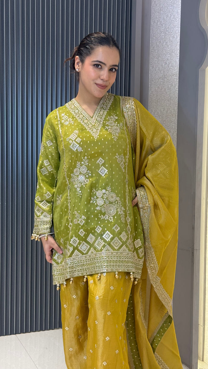 Shimmer Tissue Heavy Suit with Neam Zari Work | Party Wear Collection