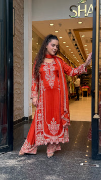 Designer Chinon Suit Set with Intricate Beads Work | Sizes Up to 42