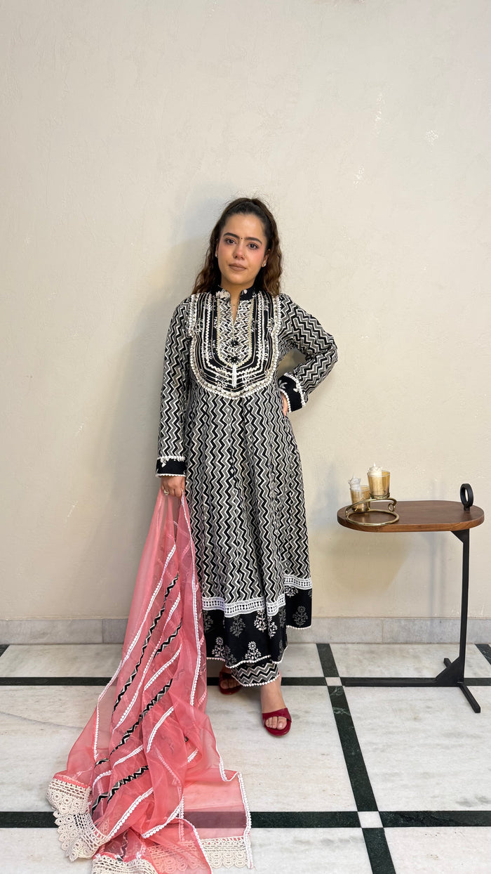 Batik Print Cotton Anarkali Suit Set for Women