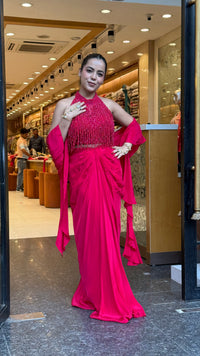 Elegant Crepe Drape Saree with Pearl Tassel Blouse – Designer Ethnic Wear