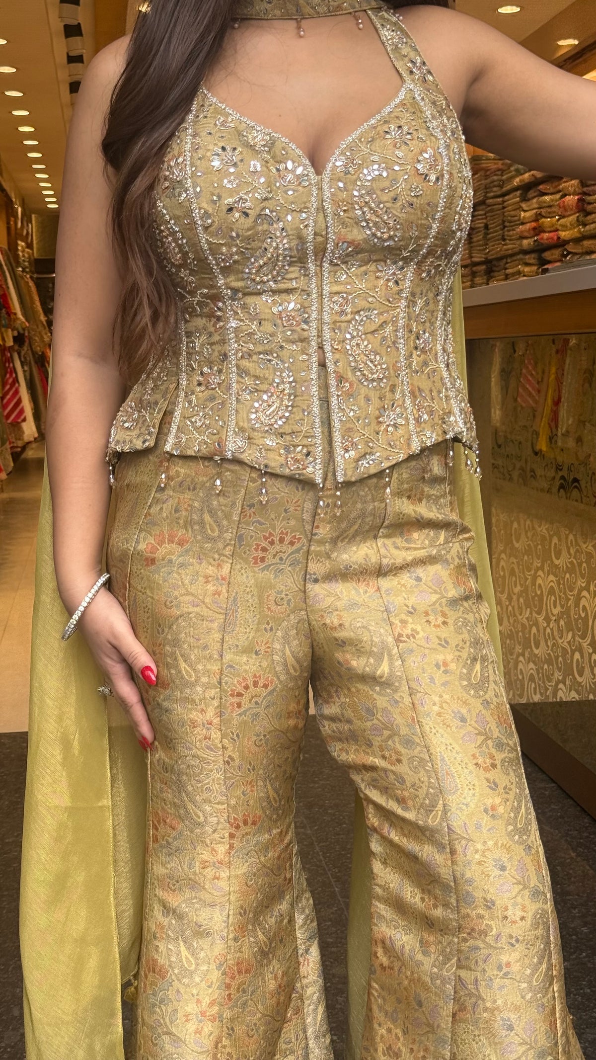 Banarasi Shimmer Indo-Western Set with Mirror, Dabka & Pearl Work | Designer Blouse & Bell Bottoms