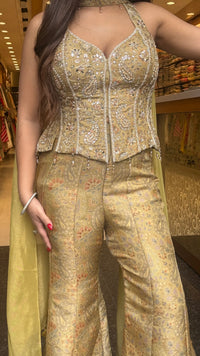 Banarasi Shimmer Indo-Western Set with Mirror, Dabka & Pearl Work | Designer Blouse & Bell Bottoms