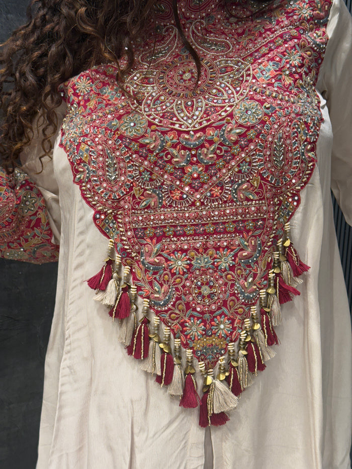 Kashmiri Handwork Co-ord Set – Satin Silk with Pearl & Cutdana Detailing