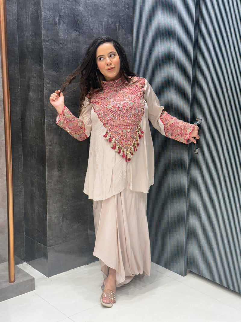 Kashmiri Handwork Co-ord Set – Satin Silk with Pearl & Cutdana Detailing