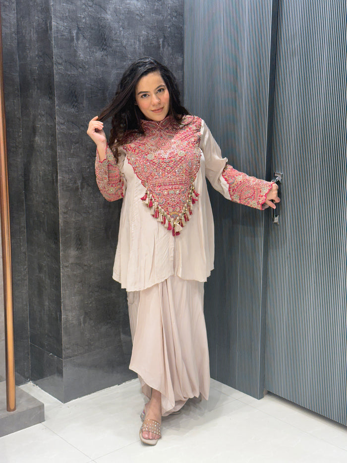 Kashmiri Handwork Co-ord Set – Satin Silk with Pearl & Cutdana Detailing