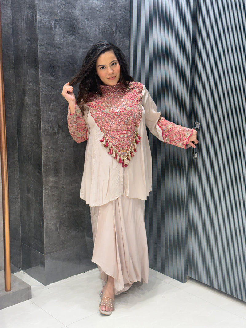 Kashmiri Handwork Co-ord Set – Satin Silk with Pearl & Cutdana Detailing