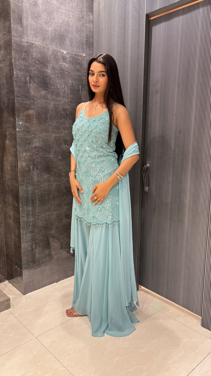 Celestial Bloom: Georgette Suit with Sequin, Cutdana & Pearl Detailing