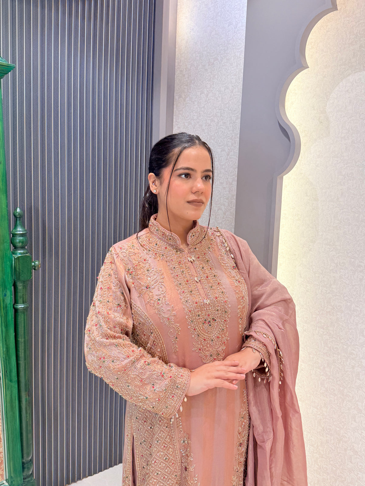 Shimmer Silk Pakistani Long Suit with Gold Handwork