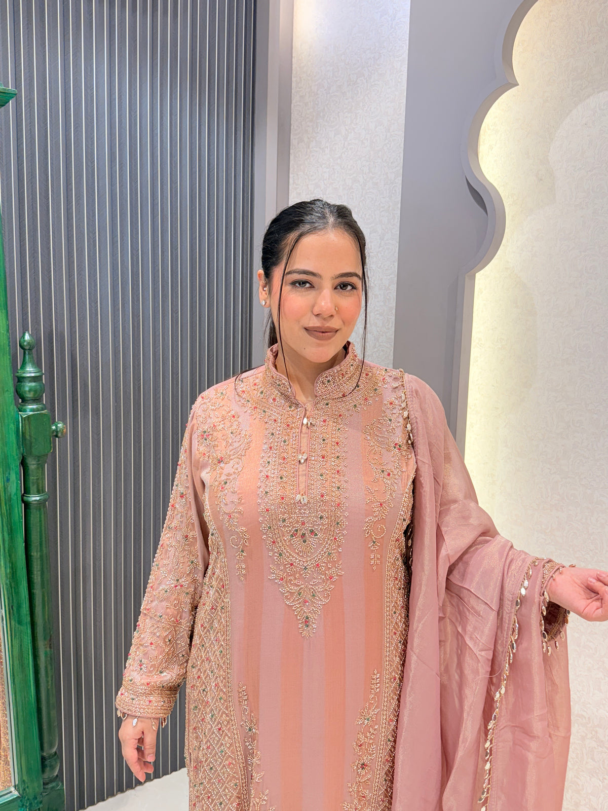 Shimmer Silk Pakistani Long Suit with Gold Handwork