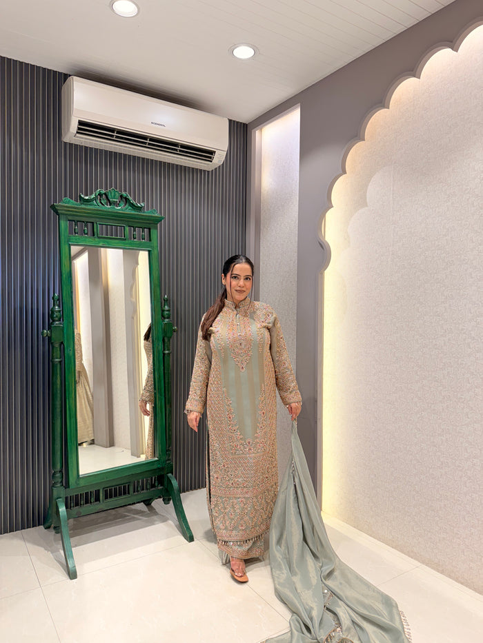 Shimmer Silk Pakistani Long Suit with Gold Handwork
