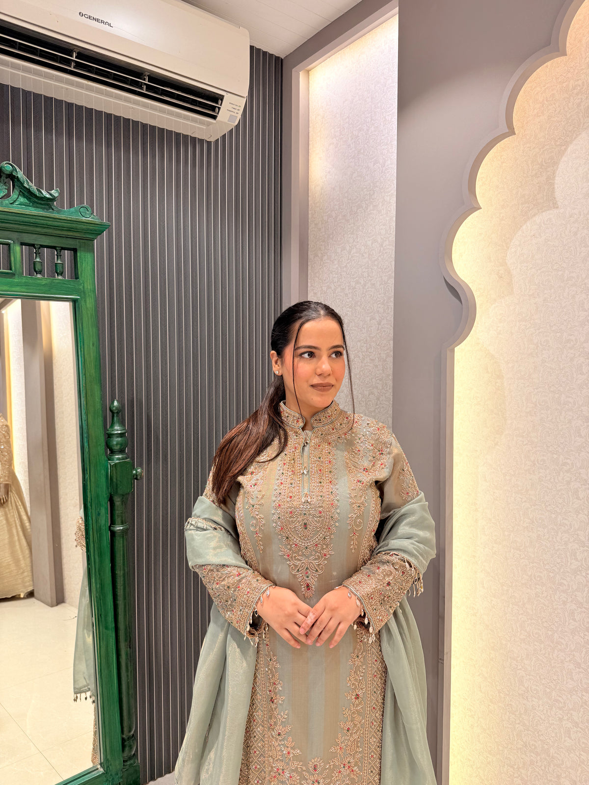 Shimmer Silk Pakistani Long Suit with Gold Handwork