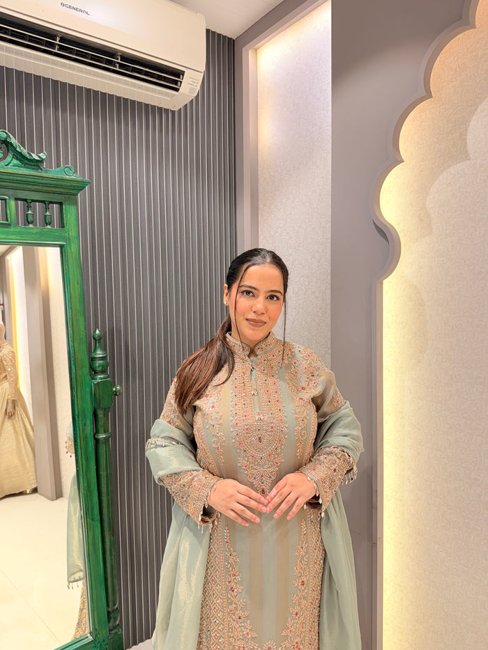 Shimmer Silk Pakistani Long Suit with Gold Handwork