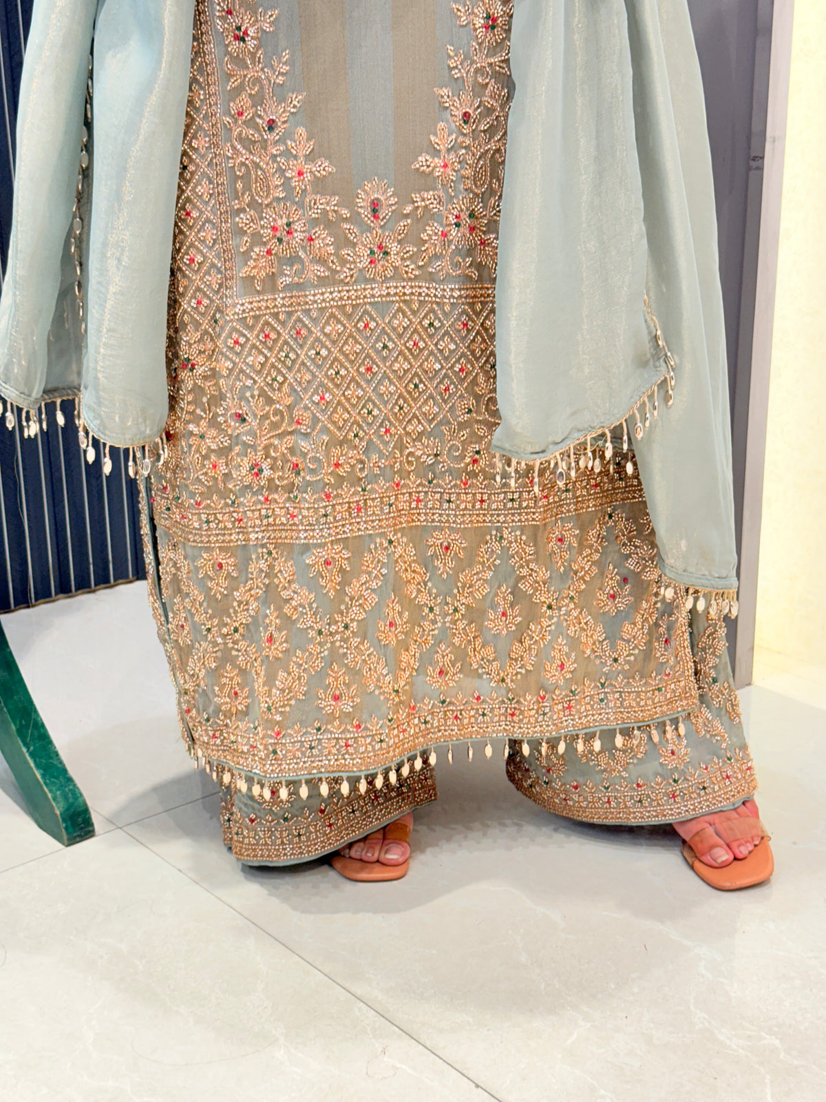 Shimmer Silk Pakistani Long Suit with Gold Handwork