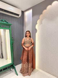 Thread Embroidered Indo-Western Set with Mirror Work Blouse & Banarasi Weaving Bottoms