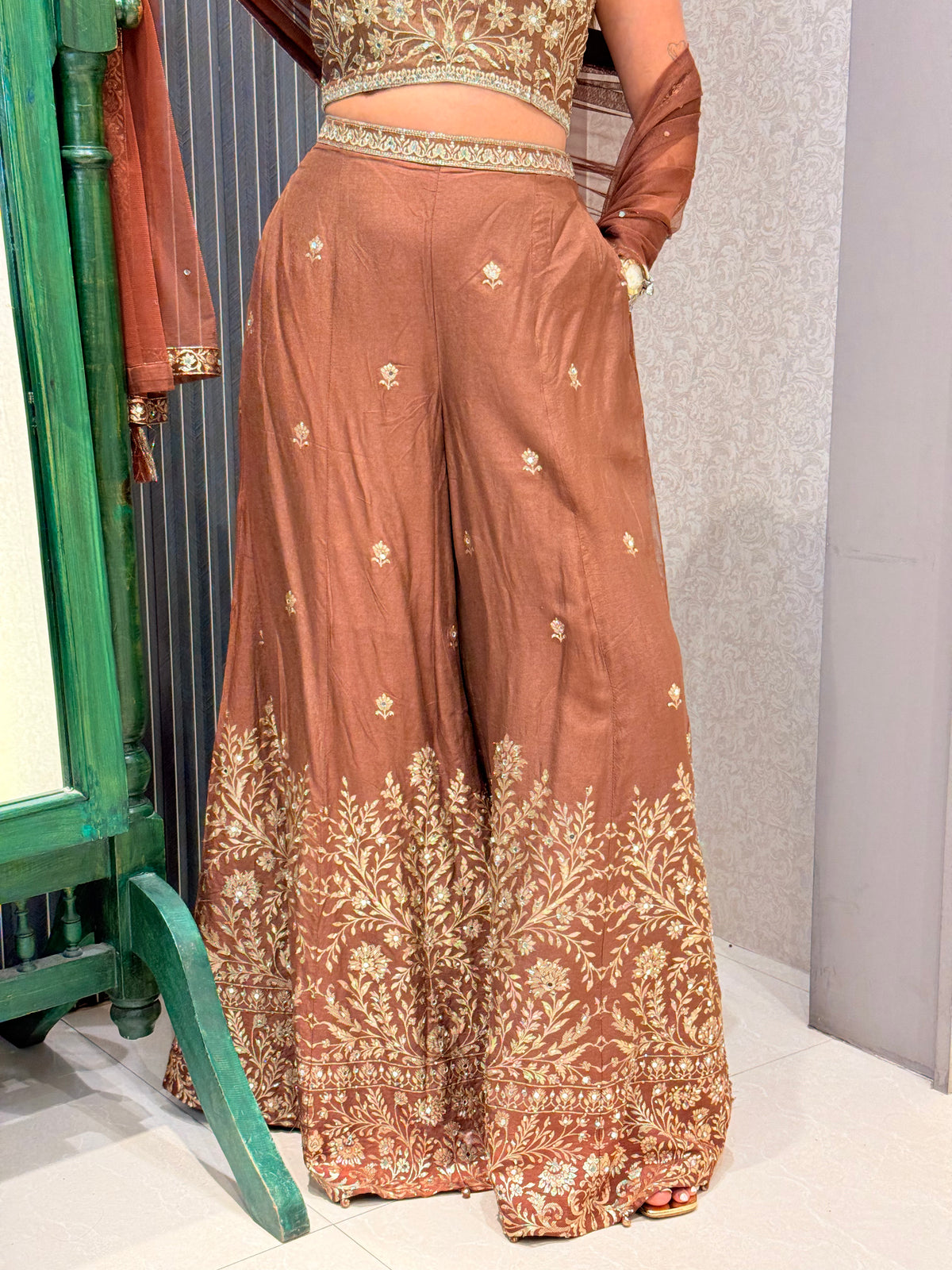 Thread Embroidered Indo-Western Set with Mirror Work Blouse & Banarasi Weaving Bottoms