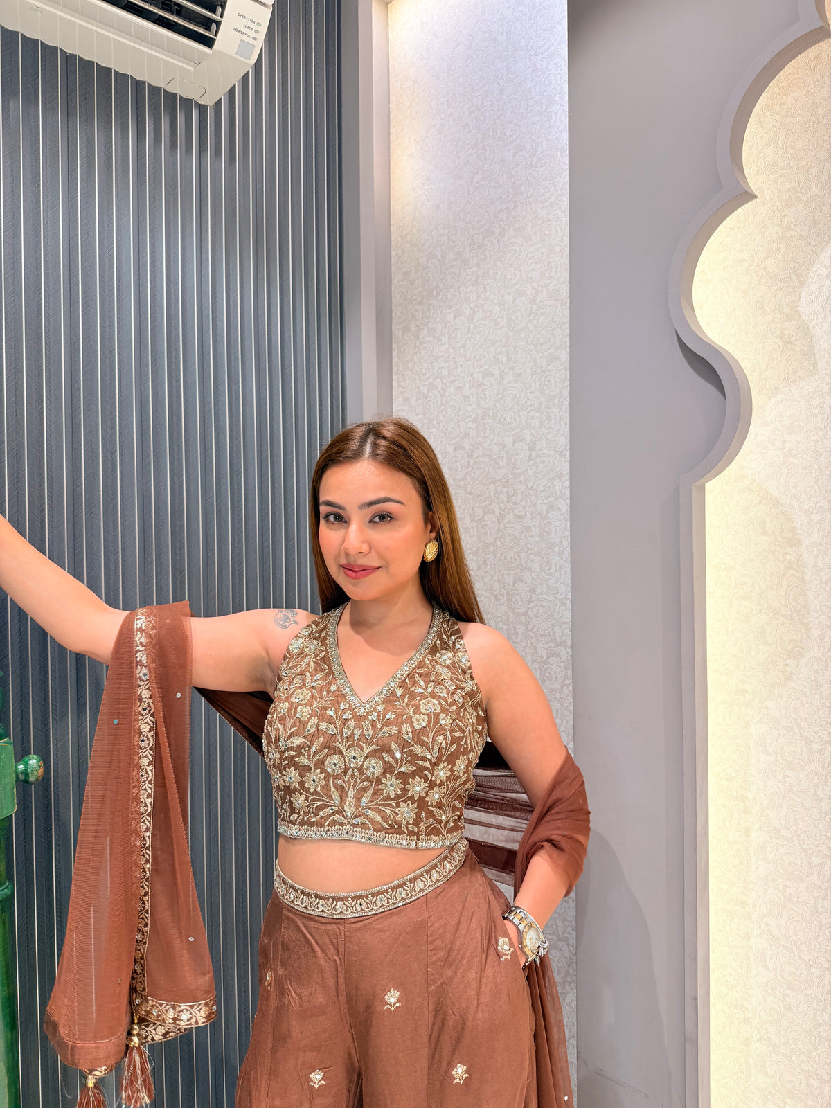 Thread Embroidered Indo-Western Set with Mirror Work Blouse & Banarasi Weaving Bottoms