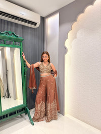 Thread Embroidered Indo-Western Set with Mirror Work Blouse & Banarasi Weaving Bottoms