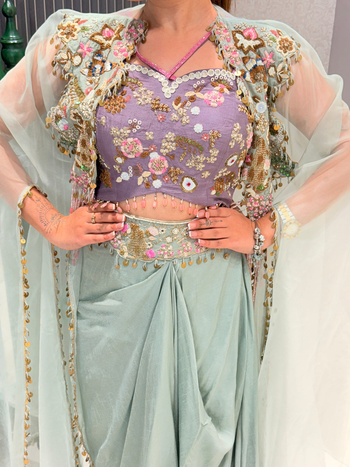 Work Sequence & Dabka Pearl Indo-Western Set