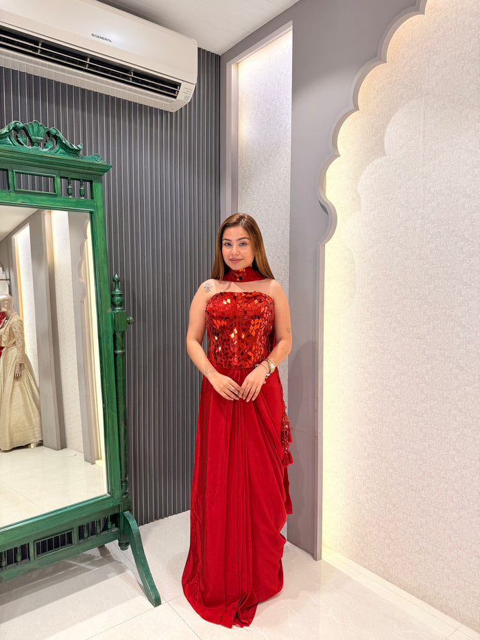 Mirror Work Drape Set with Crepe Bottom