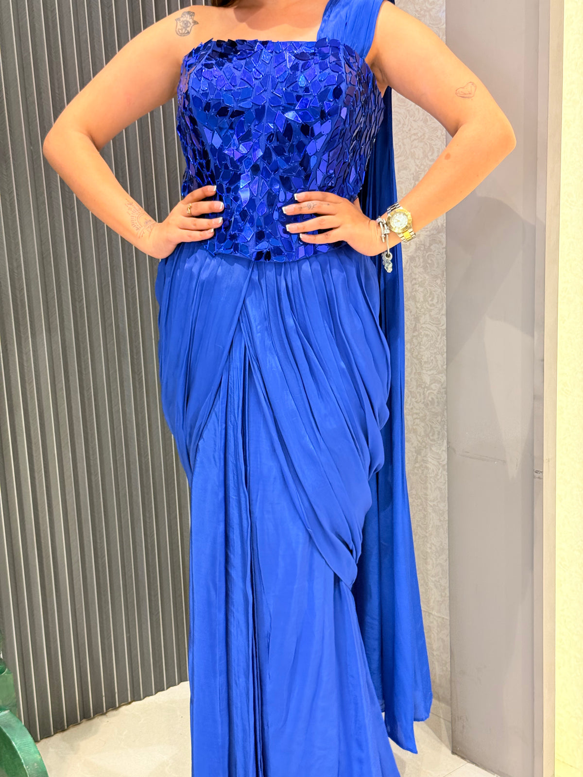 Mirror Work Drape Set with Crepe Bottom