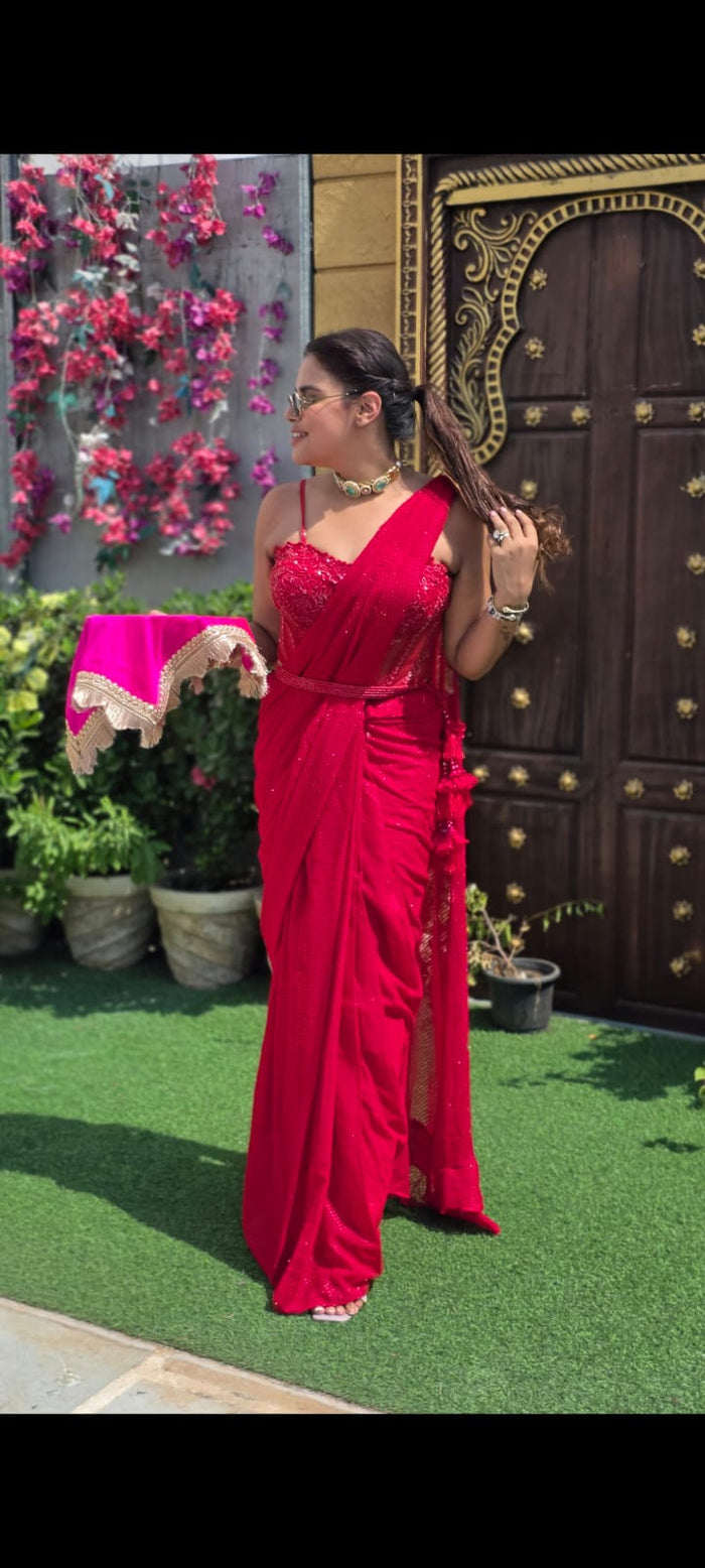 Drape Collection Crepe Saree with Corset Blouse & Choker Dupatta