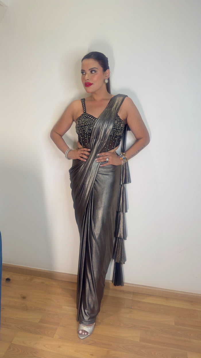 Shimmer Lycra Saree with Handwork Mirror Blouse