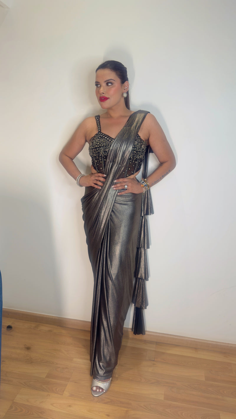 Shimmer Lycra Saree with Handwork Mirror Blouse