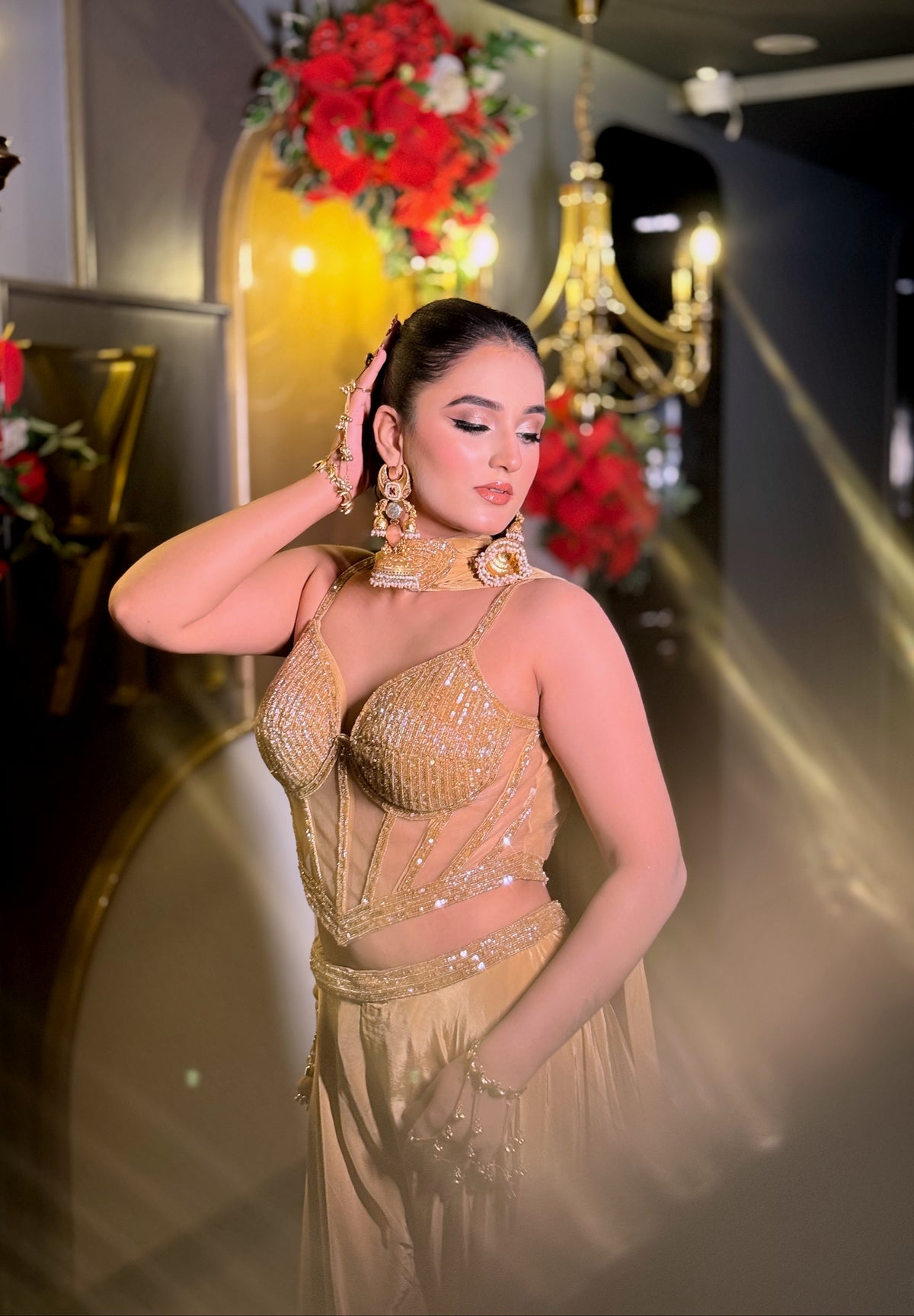 Handwork Sequin & Cutdana Indo Western Set with Corset Blouse (Upto Size 42)