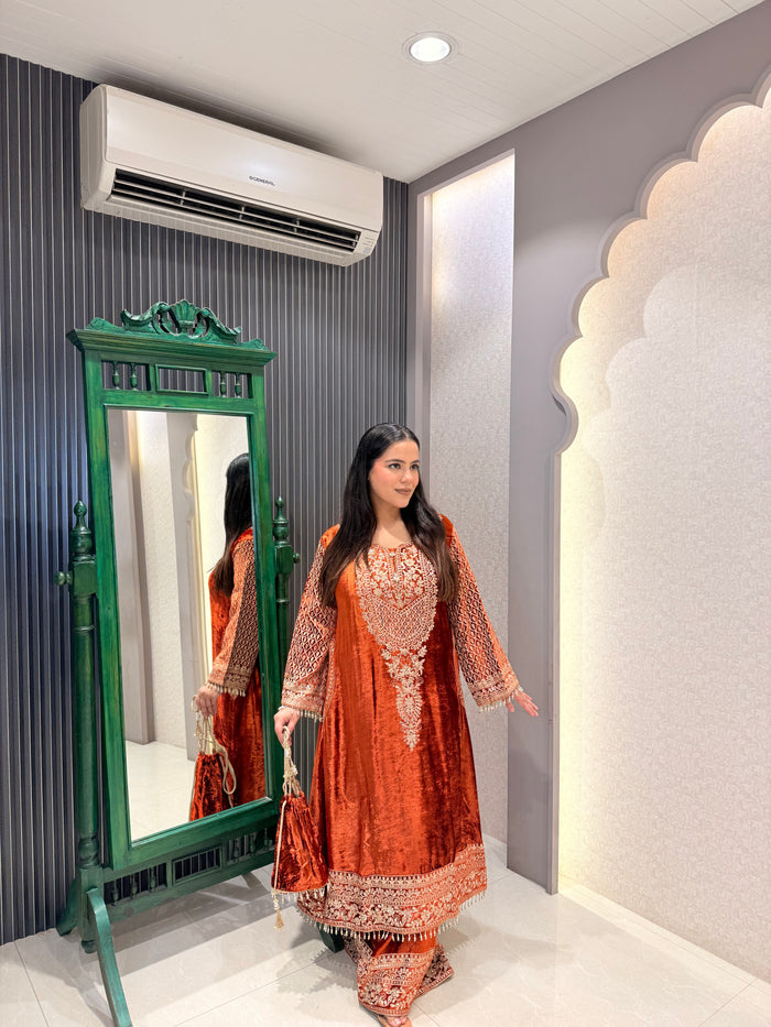 Thread Embroidered Velvet Suit Set