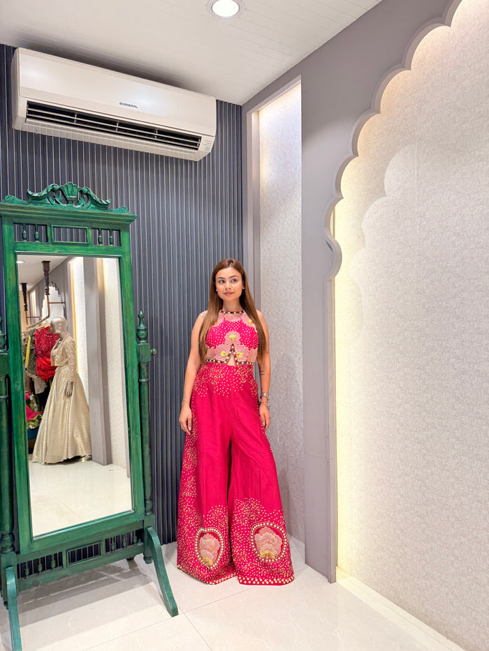 Pure Silk Handworked Indo Jumpsuit with Pearls & Mirror Detailing