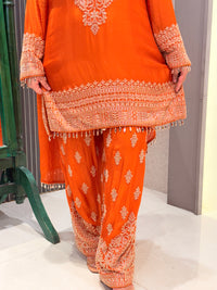 Gold Handwork Chinon Suit Set with Salwar Style Pants