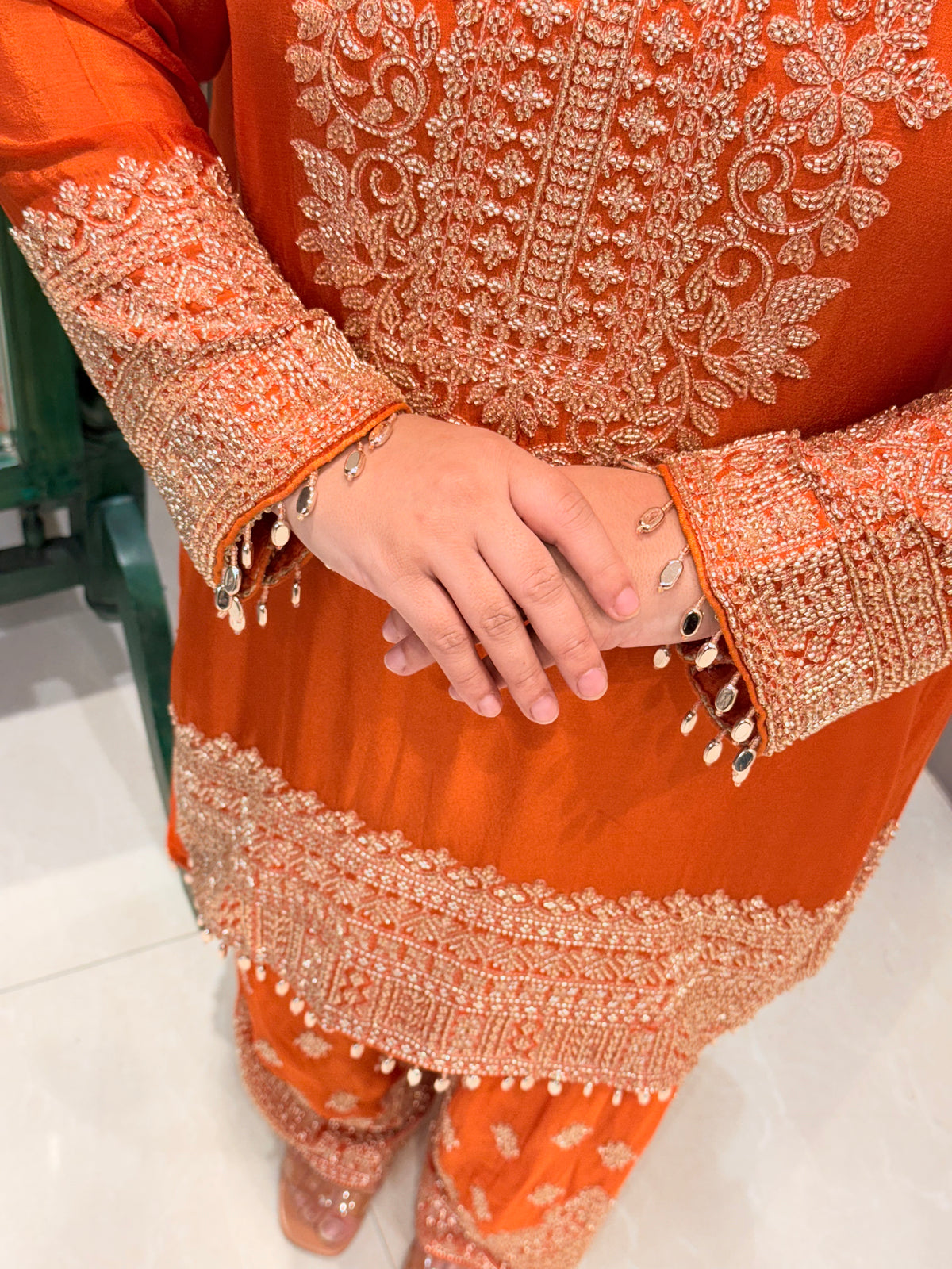 Gold Handwork Chinon Suit Set with Salwar Style Pants