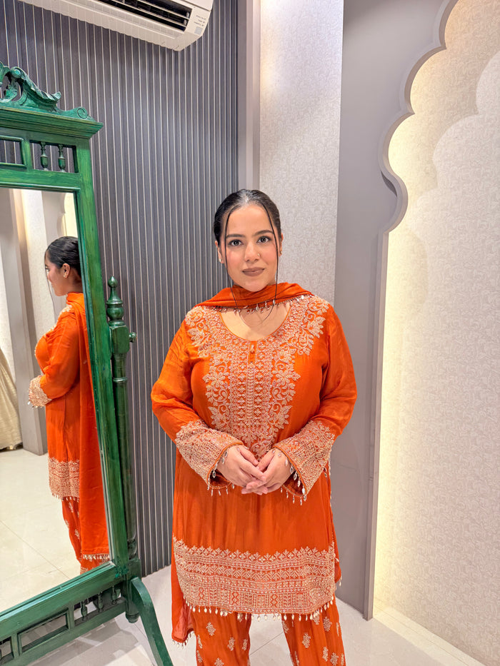 Gold Handwork Chinon Suit Set with Salwar Style Pants