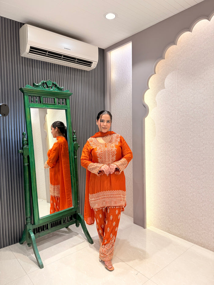 Gold Handwork Chinon Suit Set with Salwar Style Pants