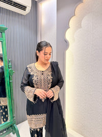 Gold Handwork Chinon Suit Set with Salwar Style Pants