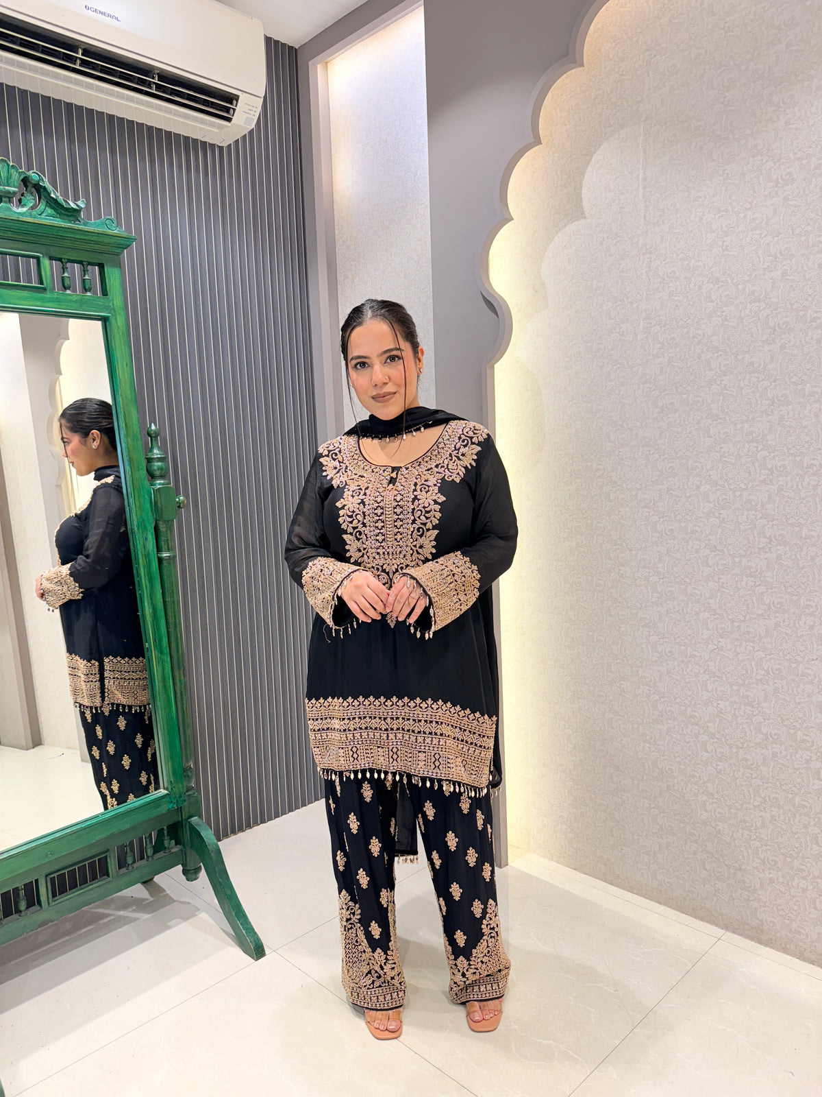 Gold Handwork Chinon Suit Set with Salwar Style Pants