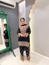 Gold Handwork Chinon Suit Set with Salwar Style Pants