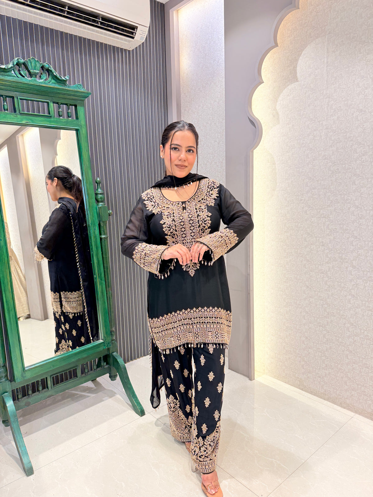 Gold Handwork Chinon Suit Set with Salwar Style Pants