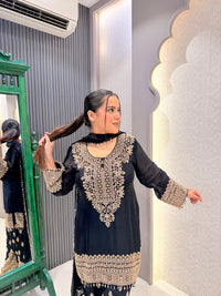 Gold Handwork Chinon Suit Set with Salwar Style Pants