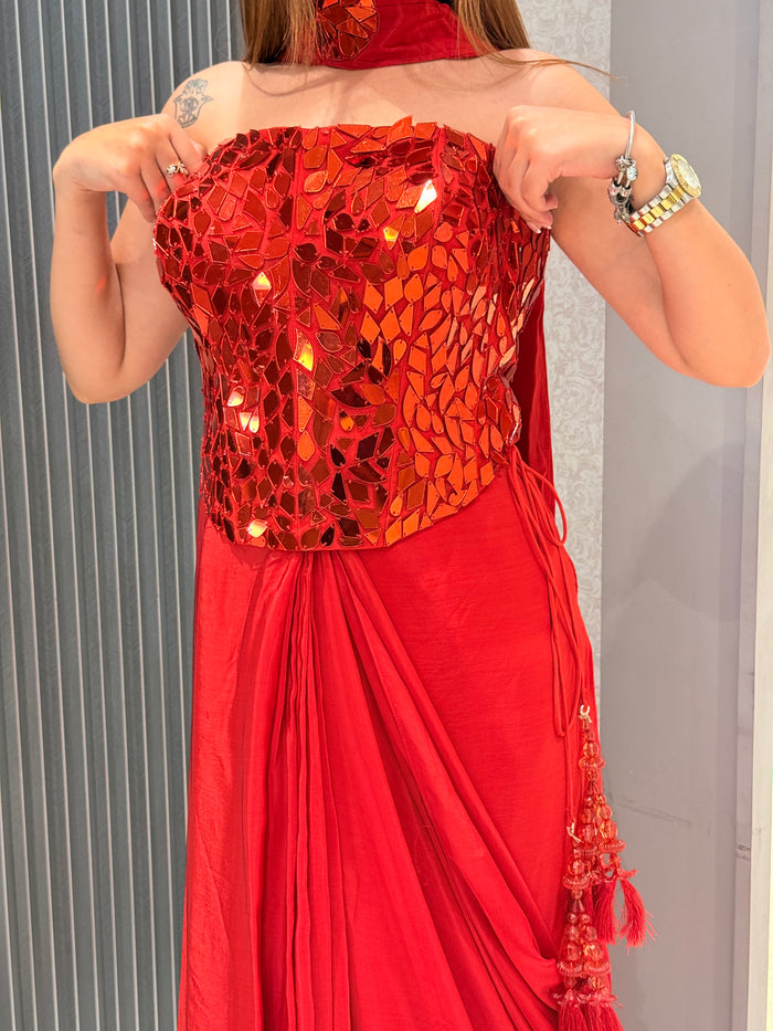 Mirror Work Drape Set with Crepe Bottom